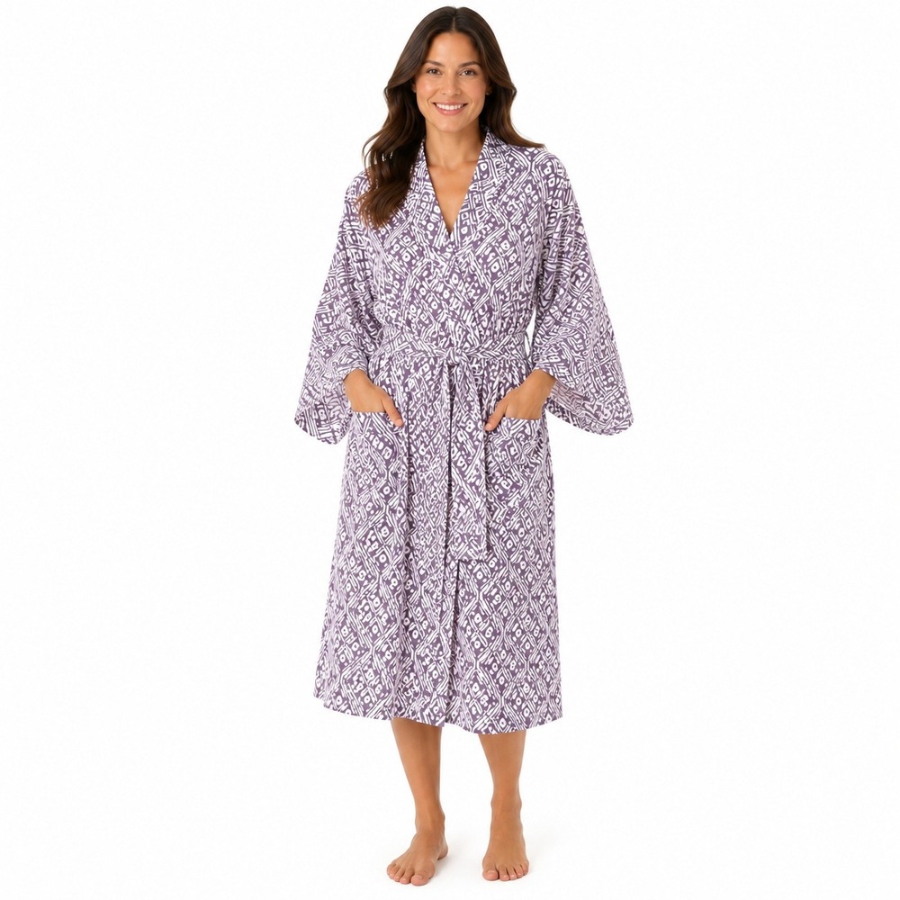 Noa Noa Kimono Robe Womans M Batik Hawaiian Purple White Robe Kimono Sleeve